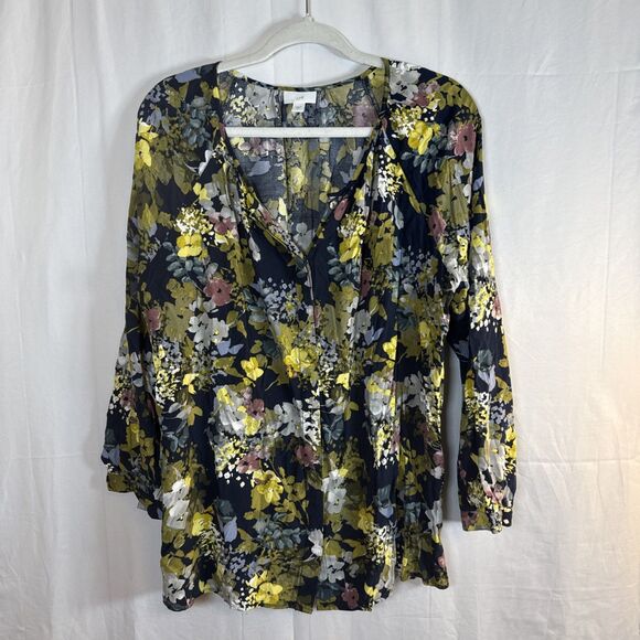 J. Jill Shirt Womens Blue Floral Long Sleeve Button Up Blouse Size XL Preowned - Picture 1 of 12